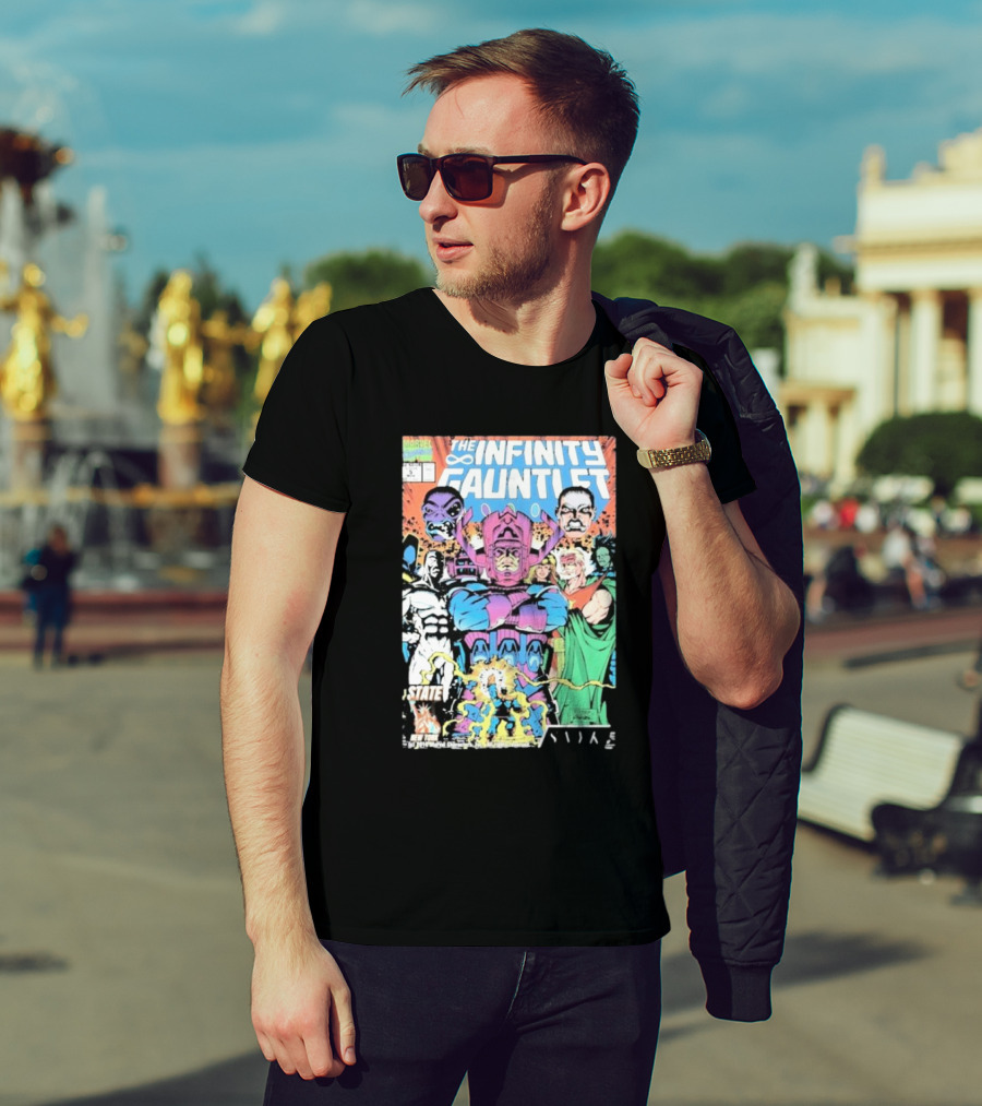 The Infinity Gauntlet Marvel Comics Cover Featuring Iconic Characters Galactus And Artistry T-Shirt