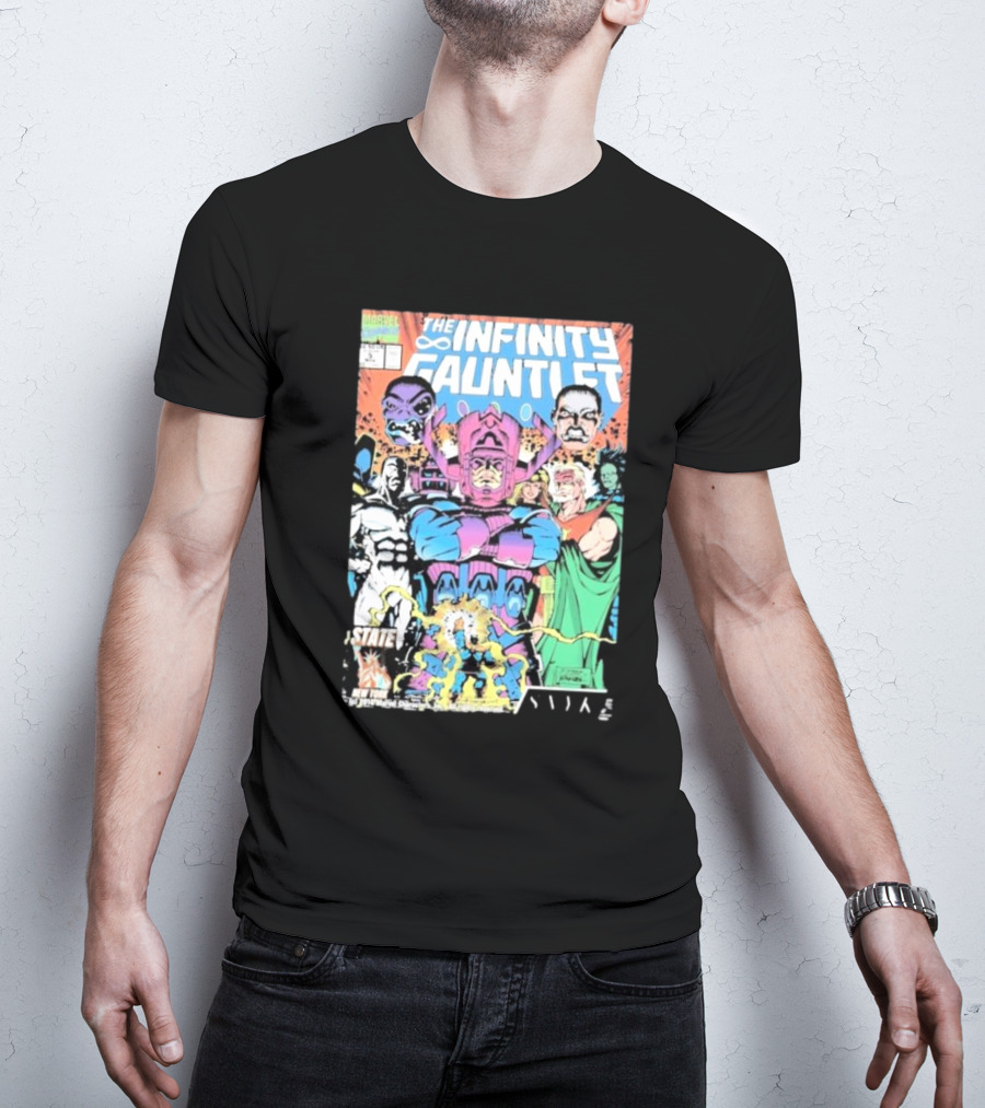 The Infinity Gauntlet Marvel Comics Cover Featuring Iconic Characters Galactus And Artistry T-Shirt