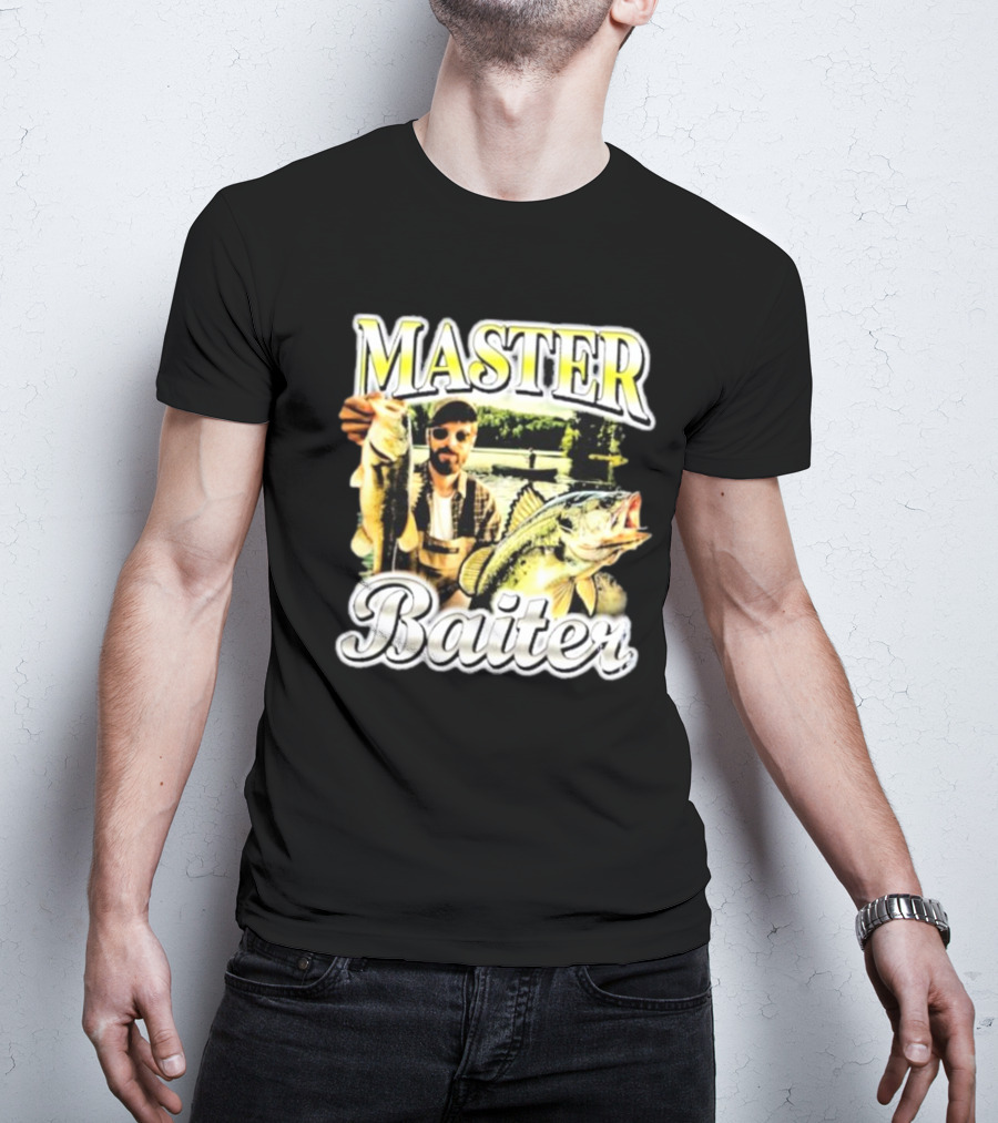 MASTER BAITER Fisherman Holding Fish In Lake Scene T-Shirt