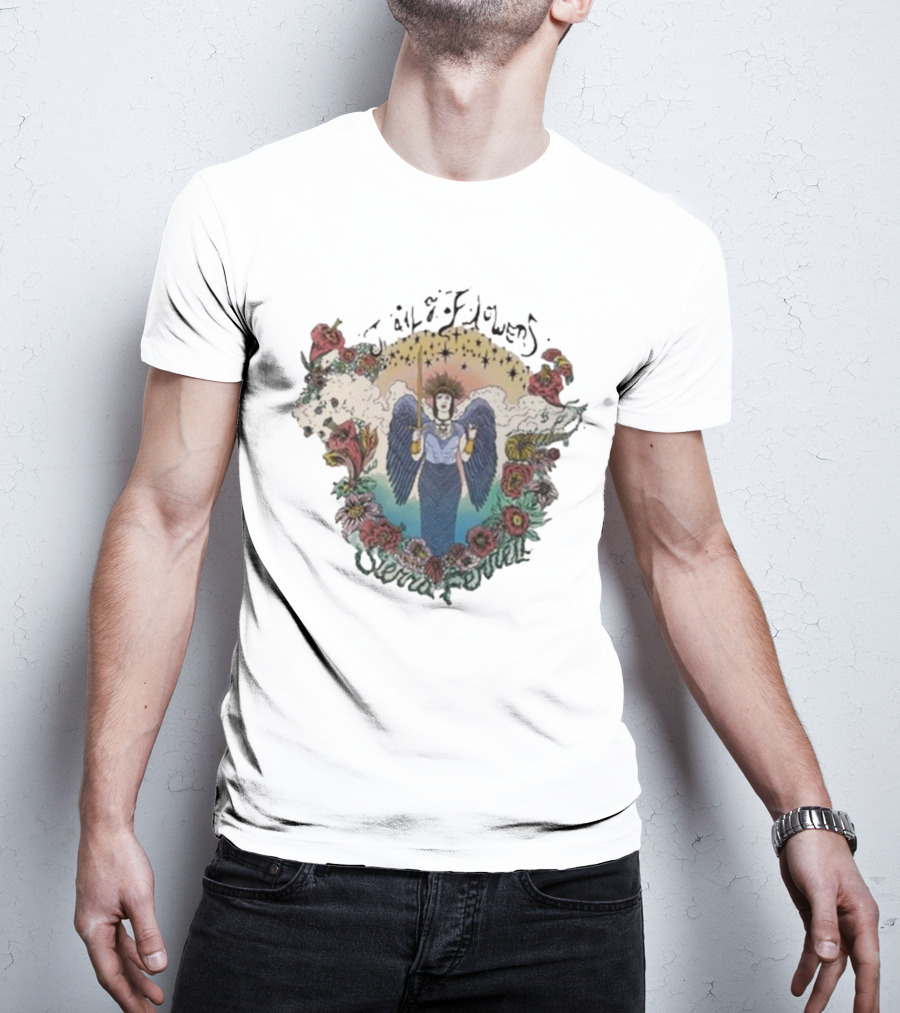 Sierra Ferrell Trail Of Flowers Angelic Winged Figure Surrounded By Floral Frame T-Shirt