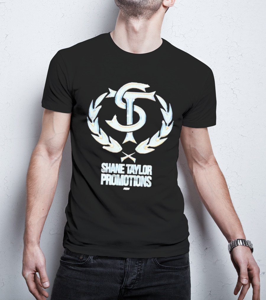 Shane Taylor Promotions ST Logo With Wreath Symbol Above AEW Text T-Shirt