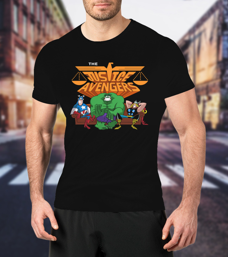 The Justice Avengers Hero Parody Featuring Scales Of Justice And Warrior Figures T-Shirt