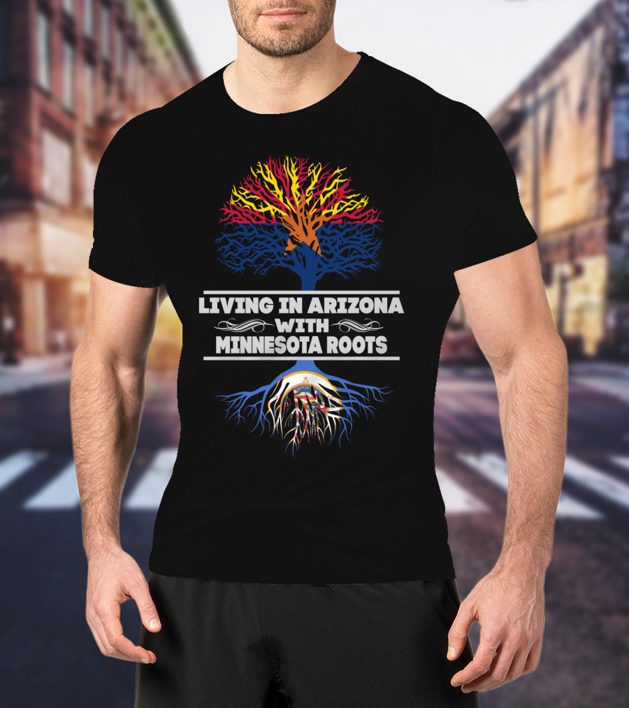 Living In Arizona With Minnesota Roots Tree Design With Dual State Colors T-Shirt