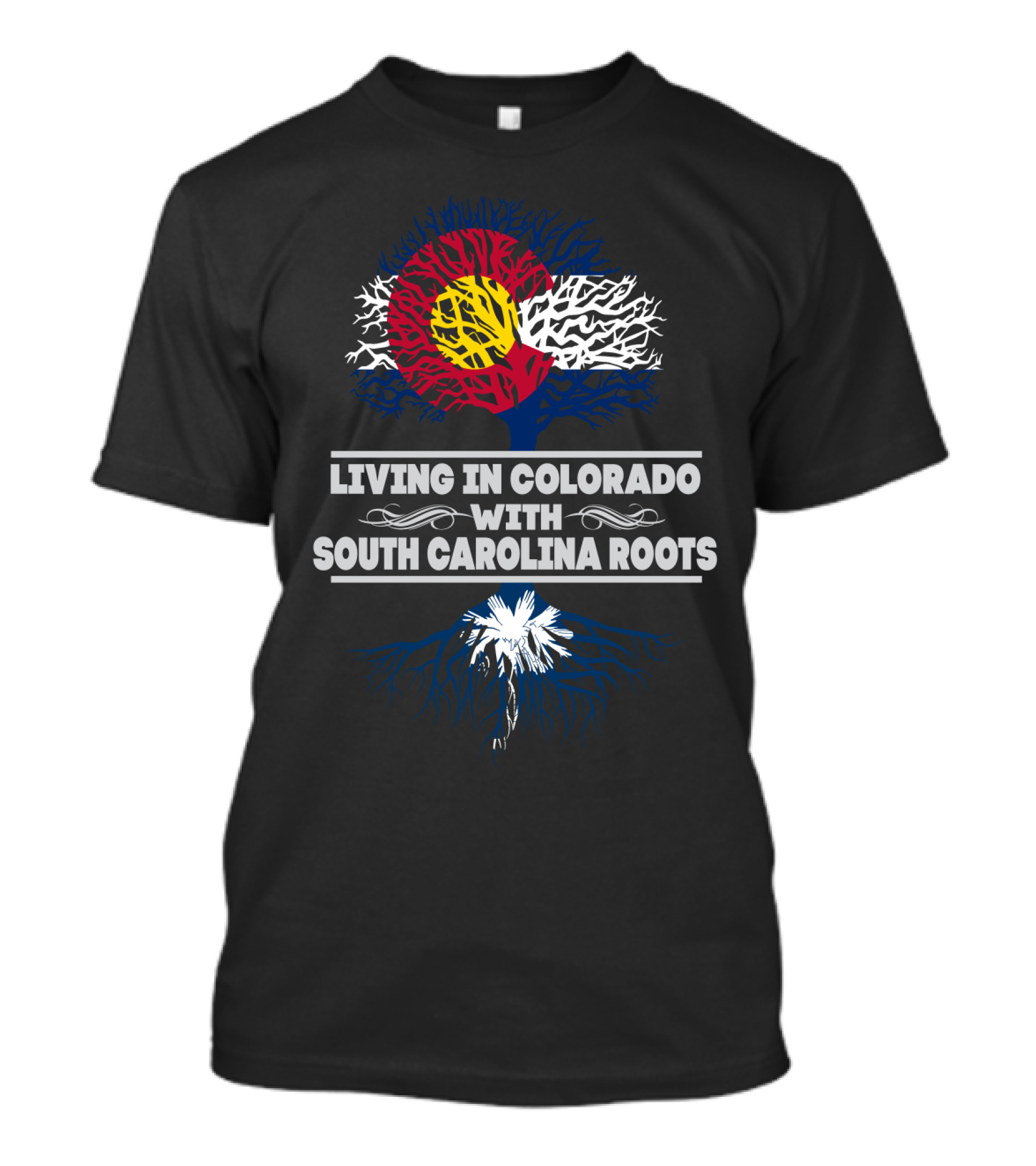 Living In Colorado Embracing Proud South Carolina Heritage With State Flag Symbols And Bold Typography T-Shirt