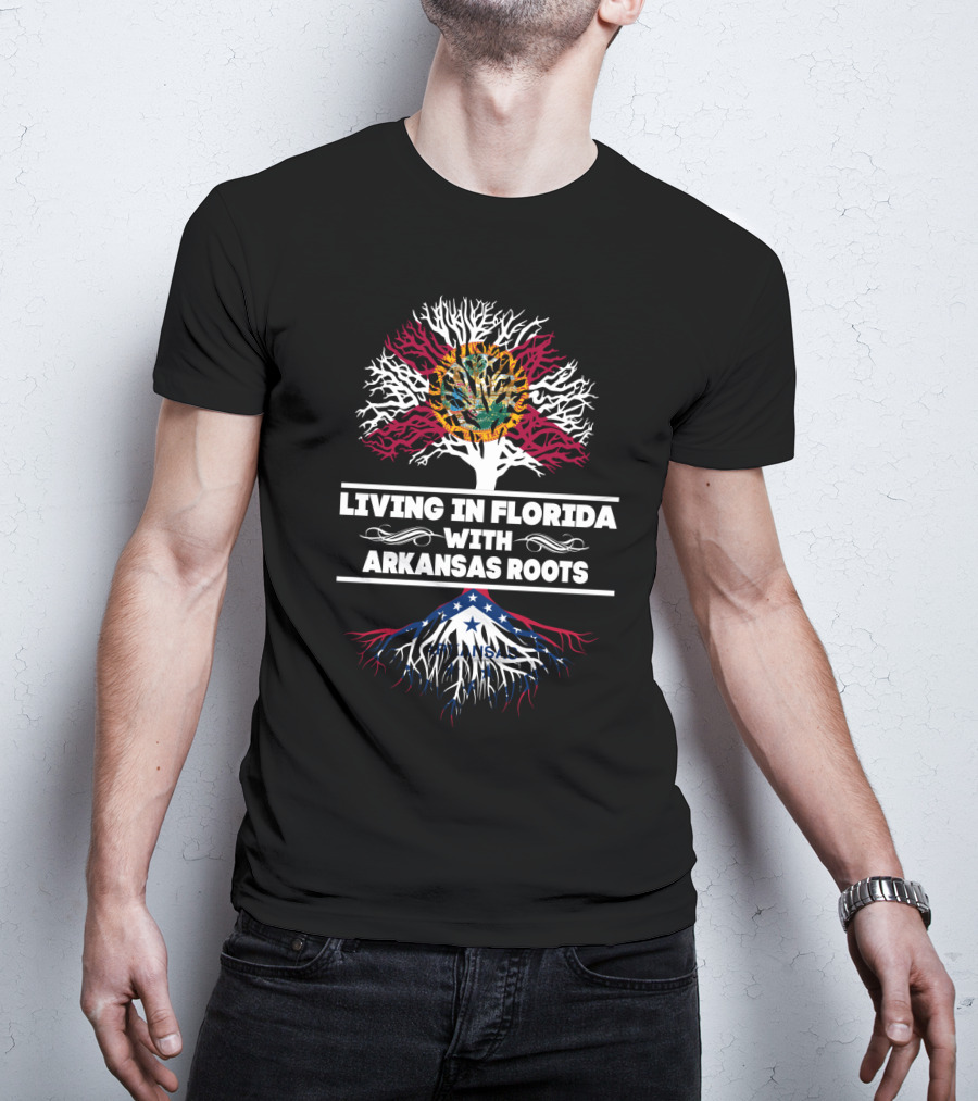 Living In Florida With Arkansas Roots Tree Design Featuring Florida State Seal And Arkansas Flag Elements T-Shirt