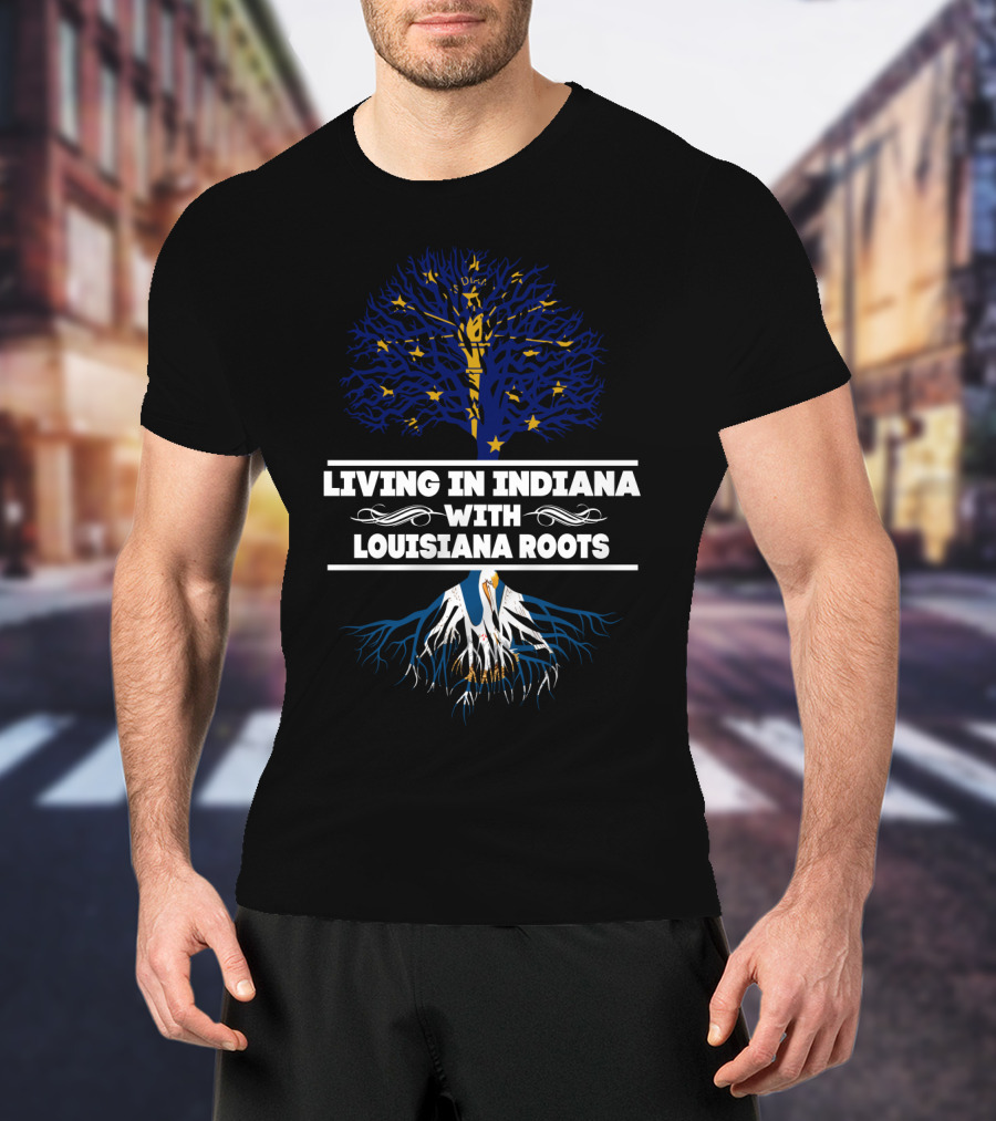 Living In Indiana With Louisiana Roots Blue And Gold Tree With Stars And White Roots T-Shirt