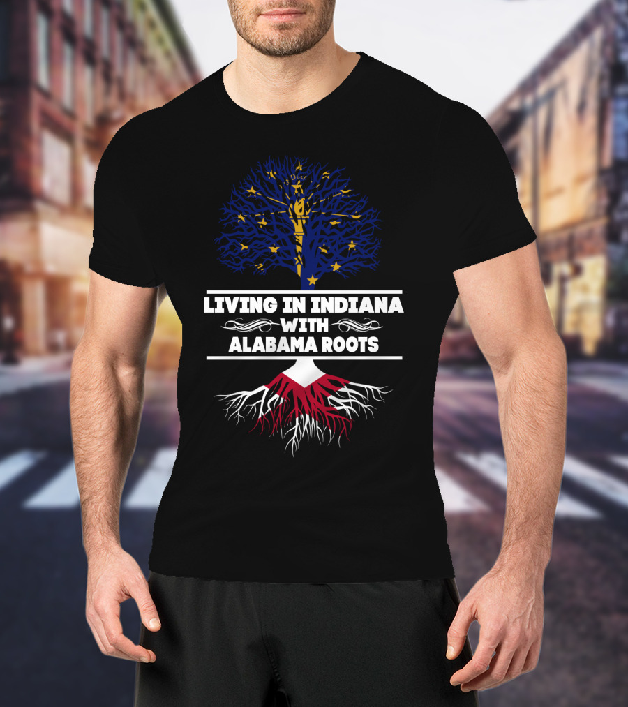 Indiana Living Celebrating Deep Alabama Roots With Tree Imagery And State Colors T-Shirt