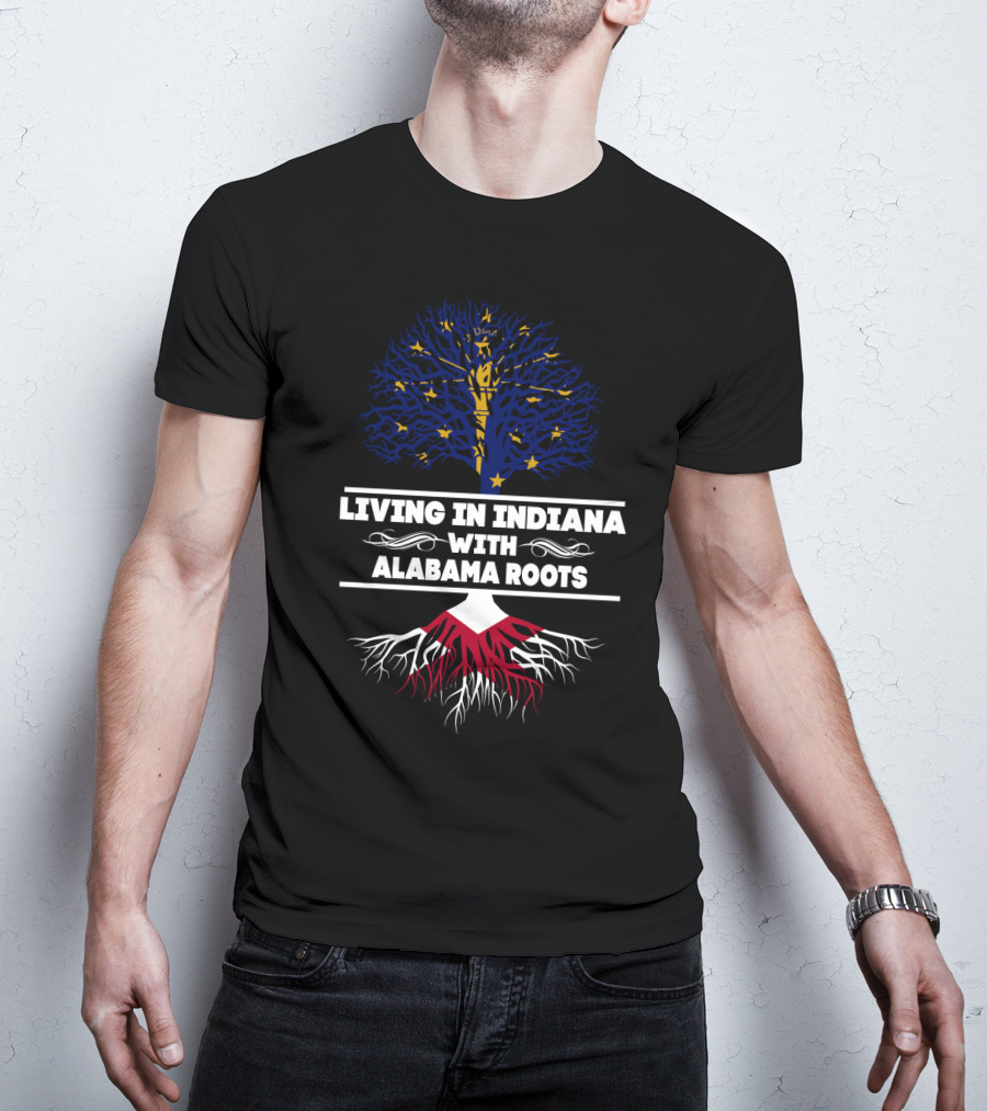 Indiana Living Celebrating Deep Alabama Roots With Tree Imagery And State Colors T-Shirt