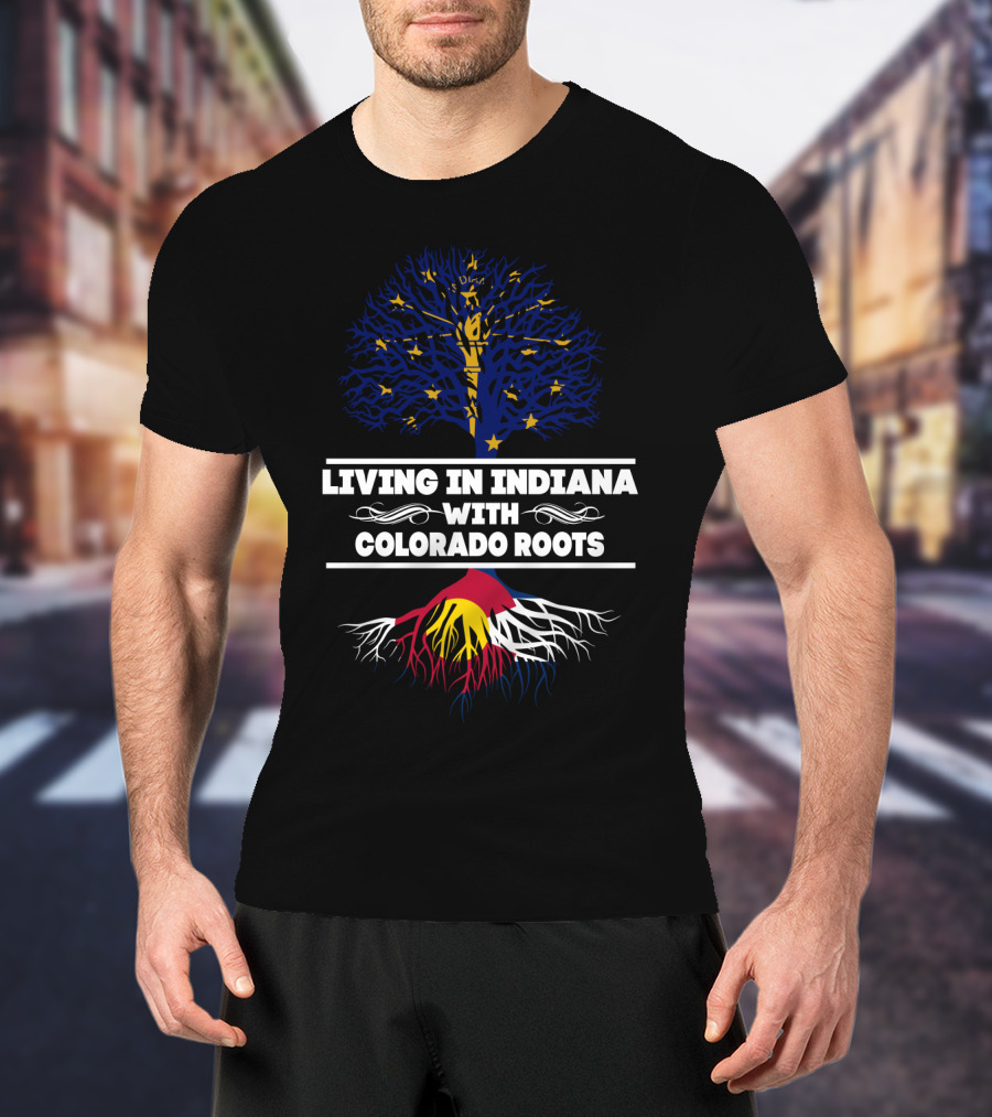Indiana Skyline And Colorado Flag Tree Symbolizing Living In Indiana With Colorado Roots T-Shirt
