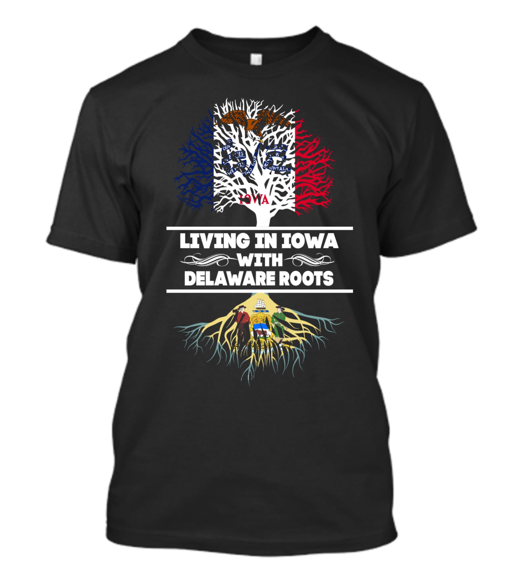 Living In Iowa With Delaware Roots Flag-Themed Tree T-Shirt