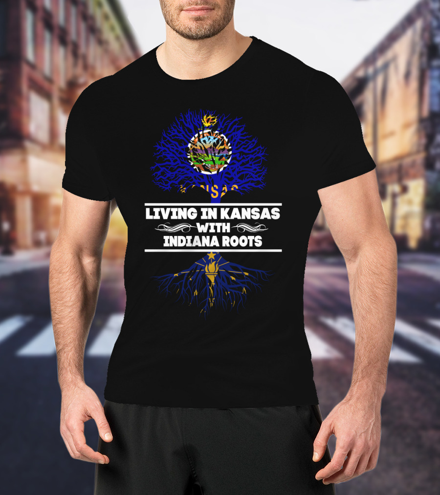 Living In Kansas With Indiana Roots Tree Design Featuring State Flag Elements T-Shirt