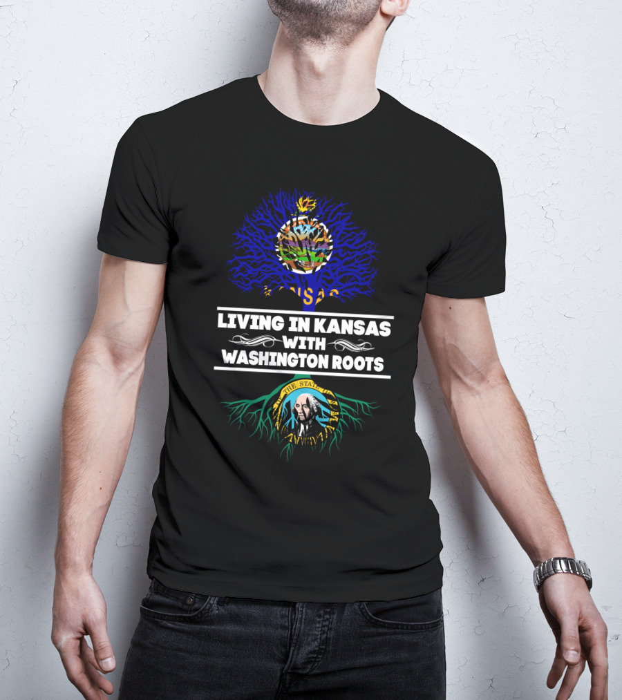 Kansas State Flag Over Washington State Seal Roots: Living In Kansas With Washington Heritage T-Shirt