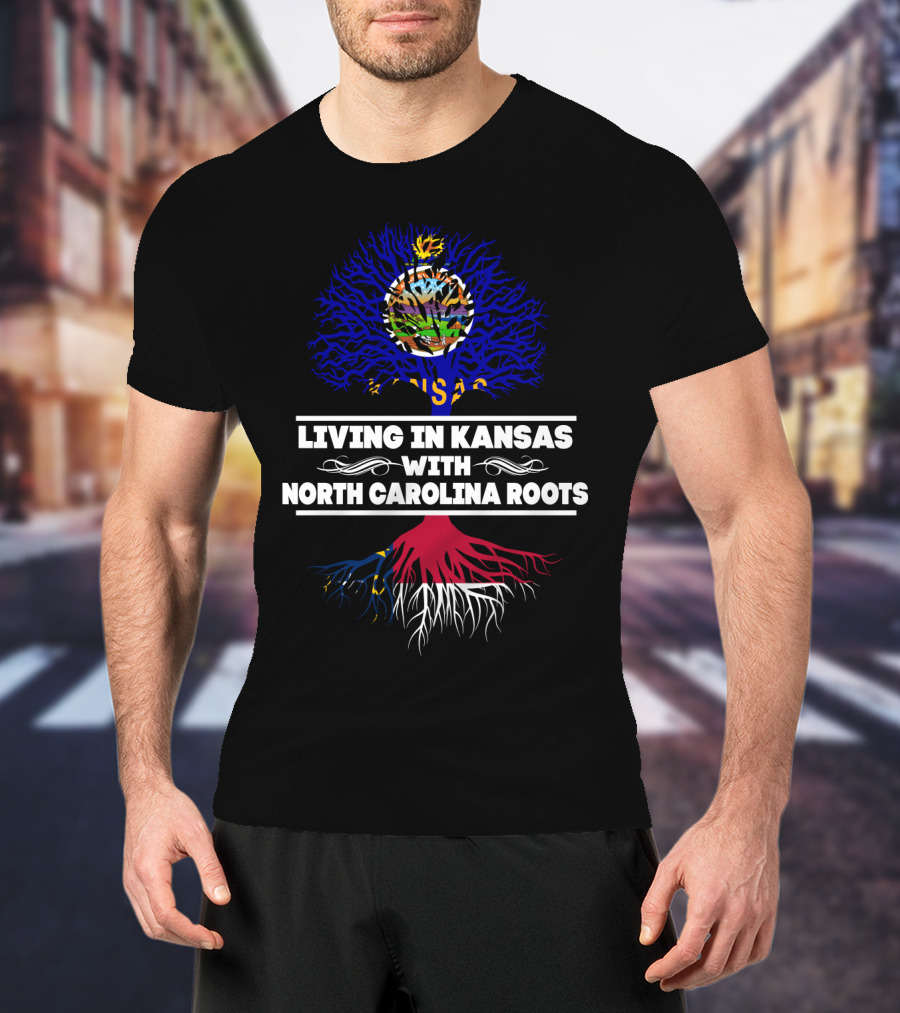 Kansas Living Embraced By North Carolina Roots With State Flag Tree T-Shirt