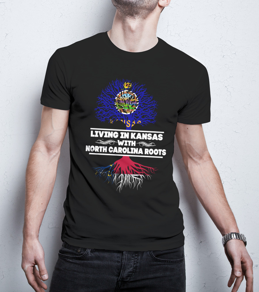 Kansas Living Embraced By North Carolina Roots With State Flag Tree T-Shirt