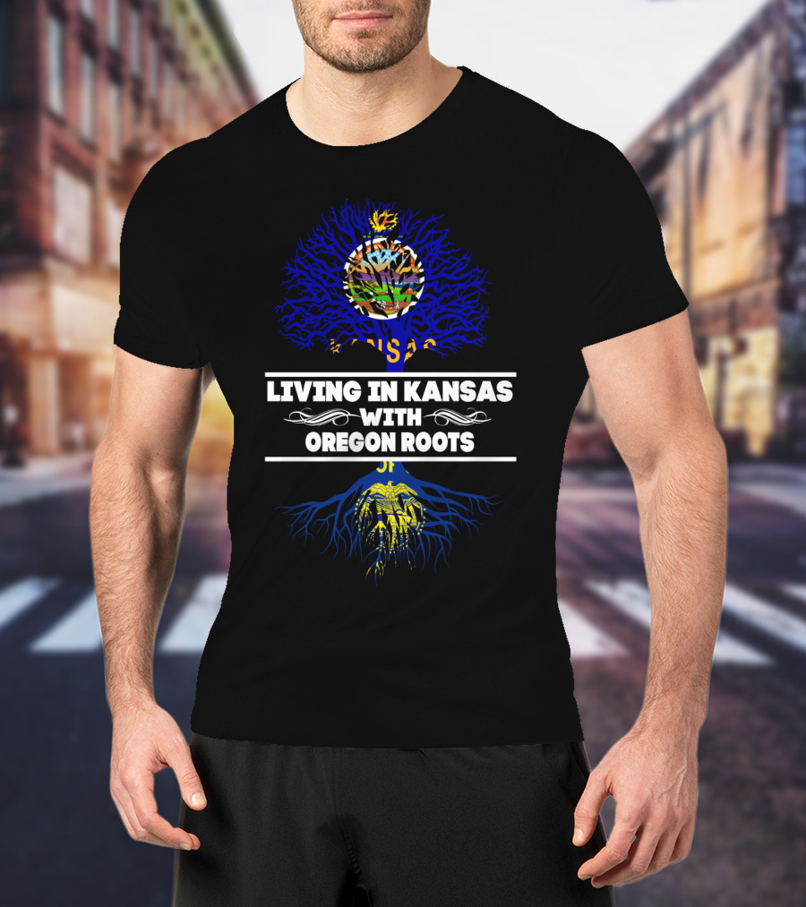 Living In Kansas Embracing Oregon Roots With State Flag Symbolism T-Shirt