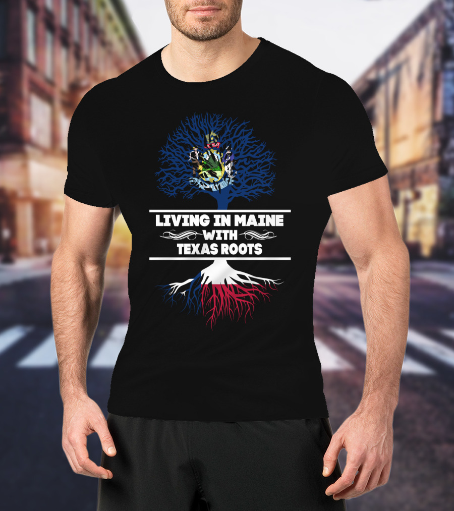 Living In Maine With Texas Roots: State Symbols Blended In Artistic Tree T-Shirt