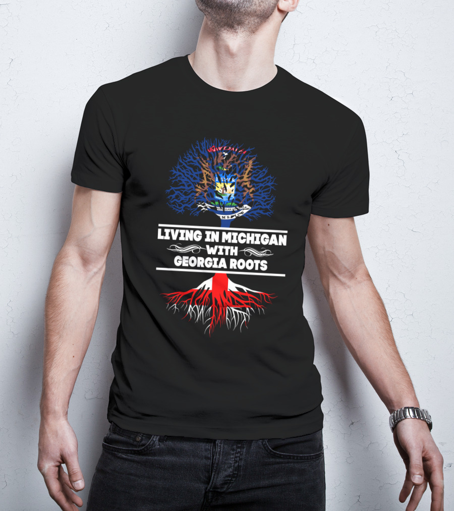 Michigan And Georgia Connection: Embracing State Roots With Iconic Tree And Flag Symbolism T-Shirt