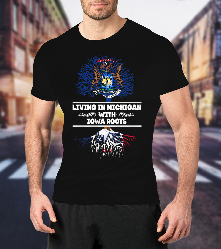 Michigan State Seal And Iowa Flag Roots Connection Emblem: Living In Michigan With Iowa Roots T-Shirt