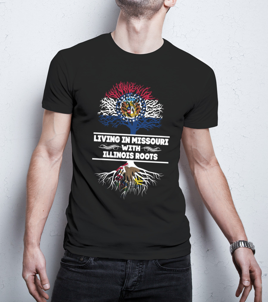 Missouri Living Illinois Roots With State Flags And Symbolic Tree T-Shirt