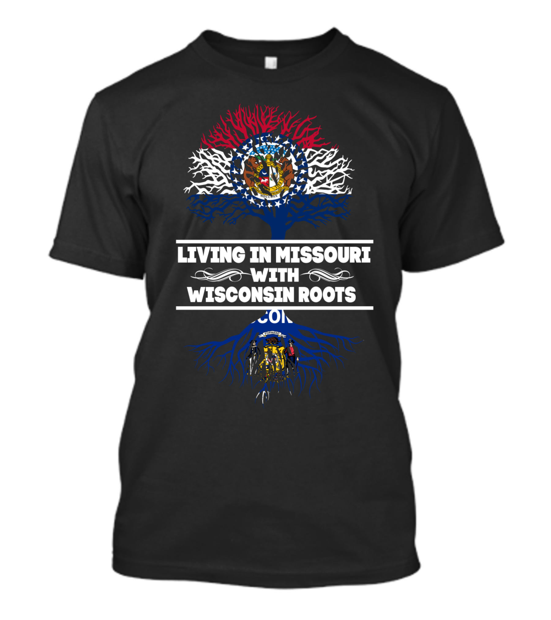 Living In Missouri With Wisconsin Roots Showcasing State Symbols And Heritage T-Shirt