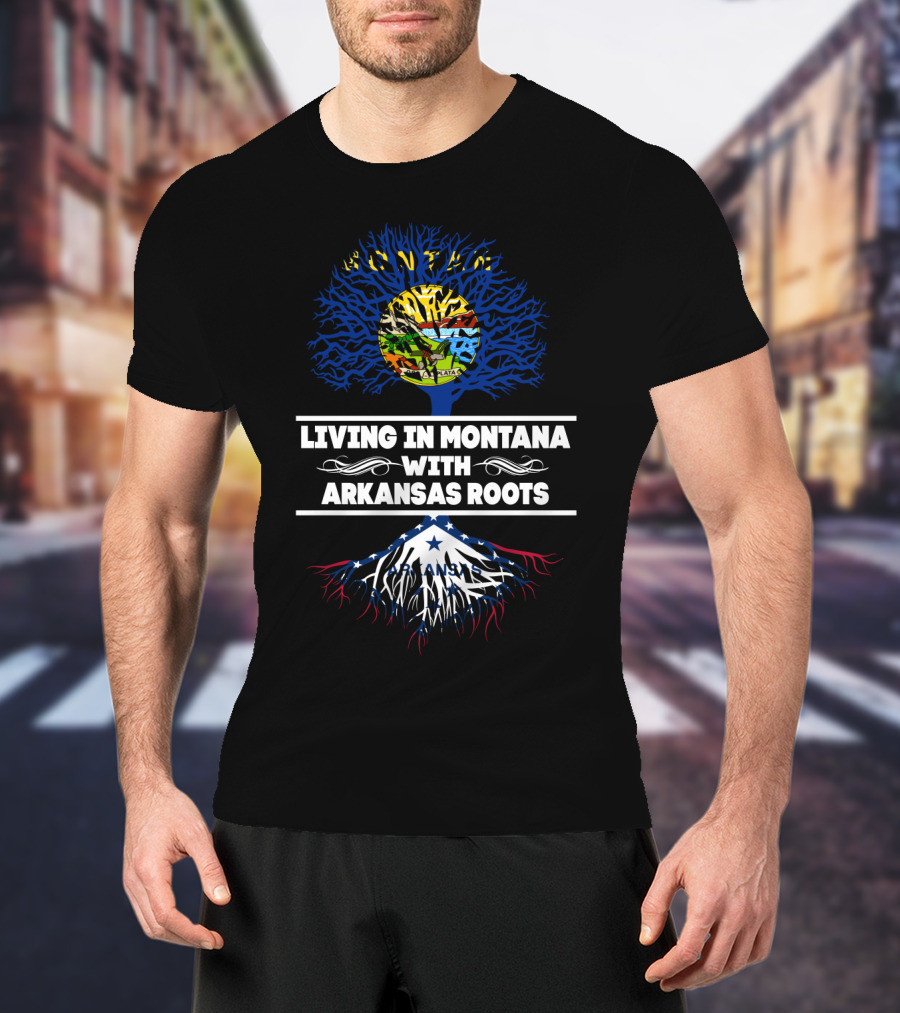 Montana Skyline And Arkansas Roots Tree: Living In Montana With Arkansas Roots T-Shirt