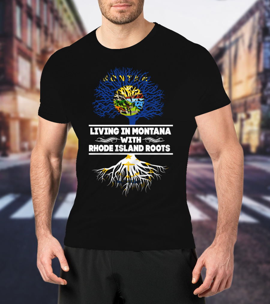 Montana Heritage Tree With Rhode Island Roots Connection Displaying State Flags T-Shirt