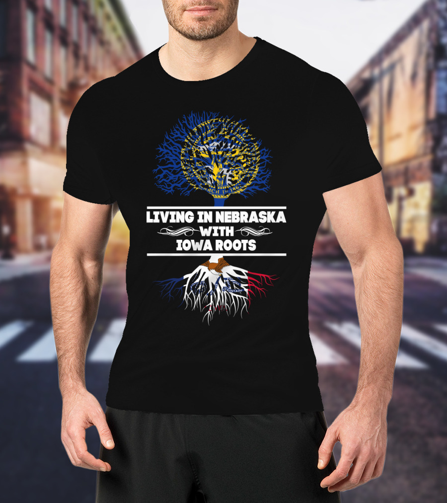 Nebraska Living With Iowa Roots Featuring State Seals And Tree T-Shirt