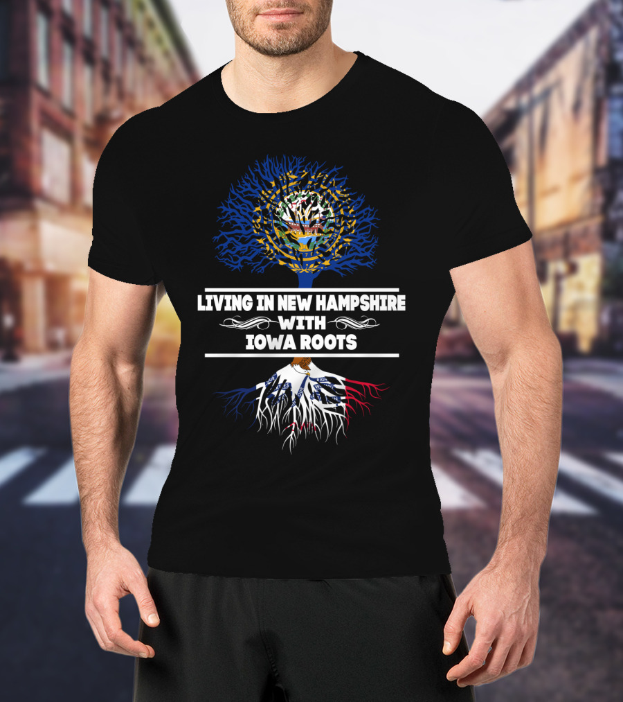 New Hampshire And Iowa Connection Featuring State Flags And Tree Roots T-Shirt