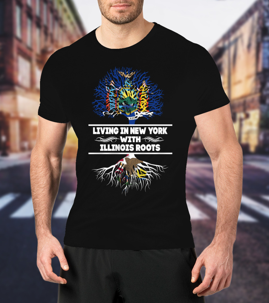 New York And Illinois State Symbols Intertwined - Living In New York With Illinois Roots T-Shirt