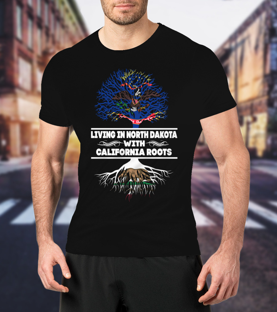 Living In North Dakota With California Roots North Dakota Flag And California Bear Tree T-Shirt