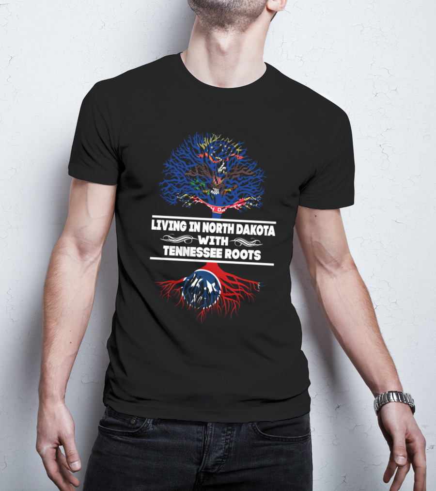 Living In North Dakota With Tennessee Roots Featuring State Flag Tree T-Shirt