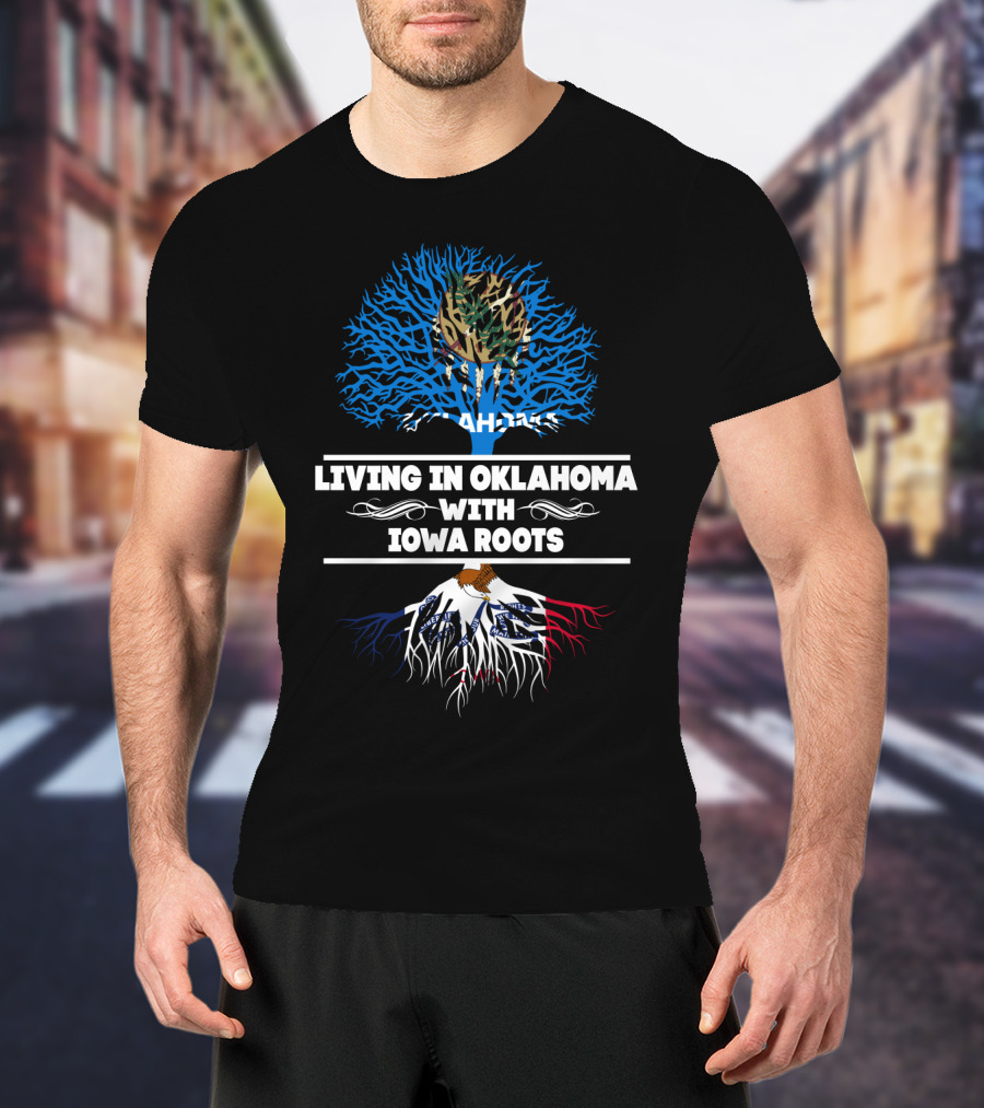 Living In Oklahoma With Iowa Roots Camouflage Tree Blue Sky Background T-Shirt