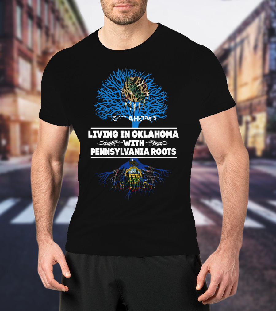 Oklahoma Living Pennsylvania Roots Blue Tree With Camo Top And Pennsylvania State Symbols T-Shirt