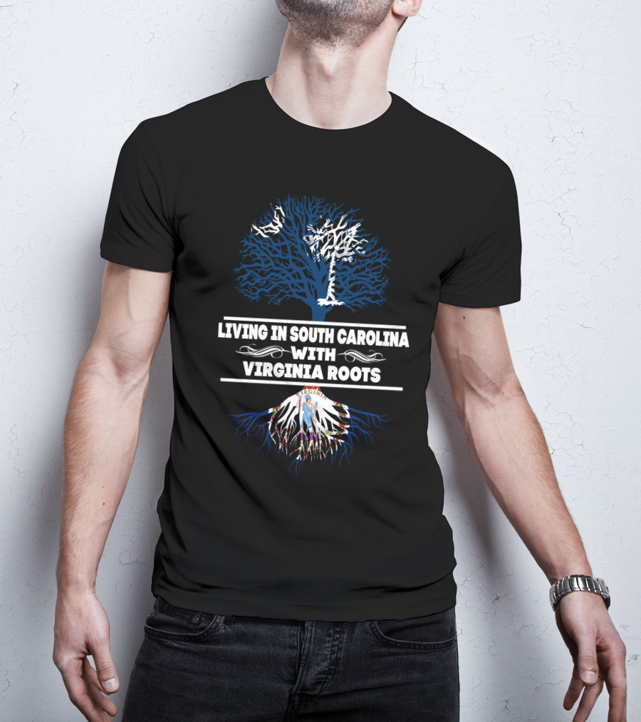 Living In South Carolina With VIRGINIA Roots Featuring Palm Tree And Blue Tree T-Shirt
