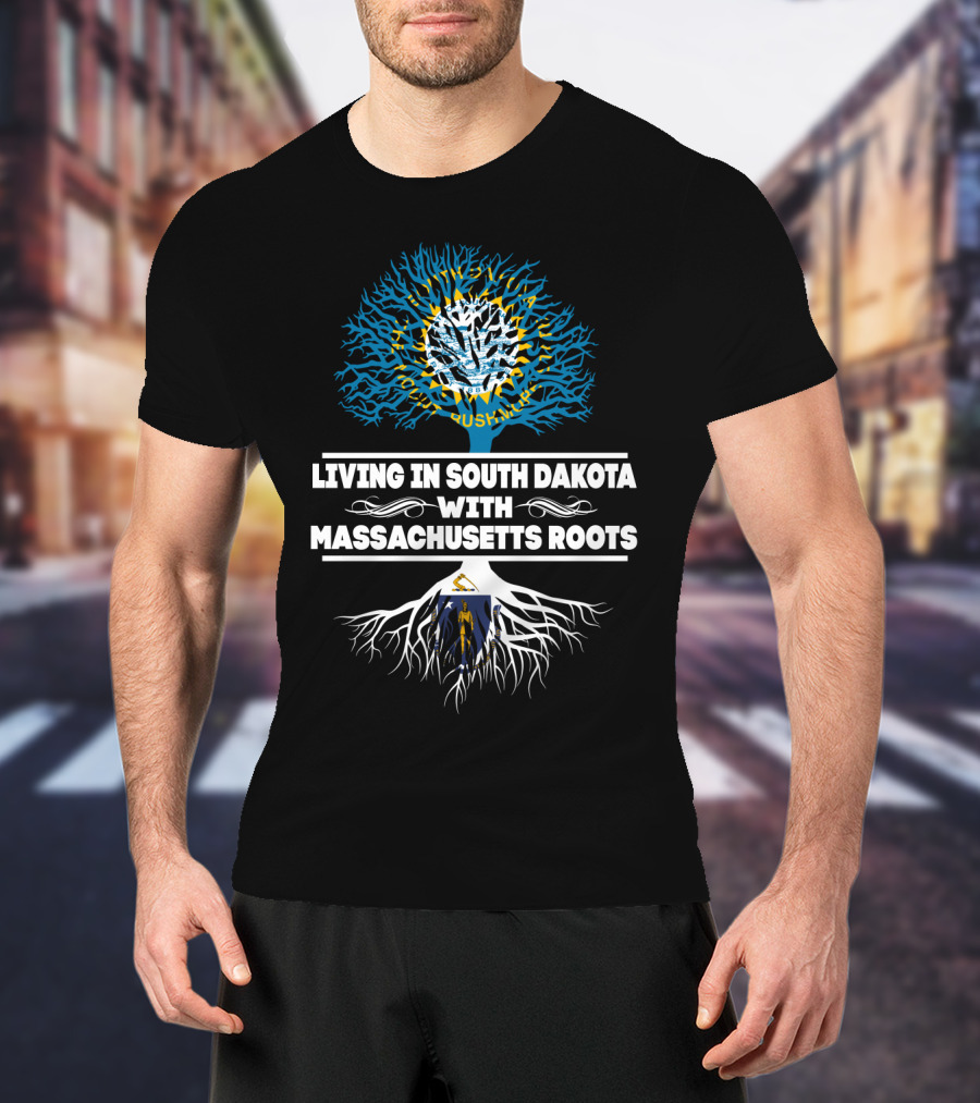 Living In South Dakota With Massachusetts Roots State Flags Tree T-Shirt
