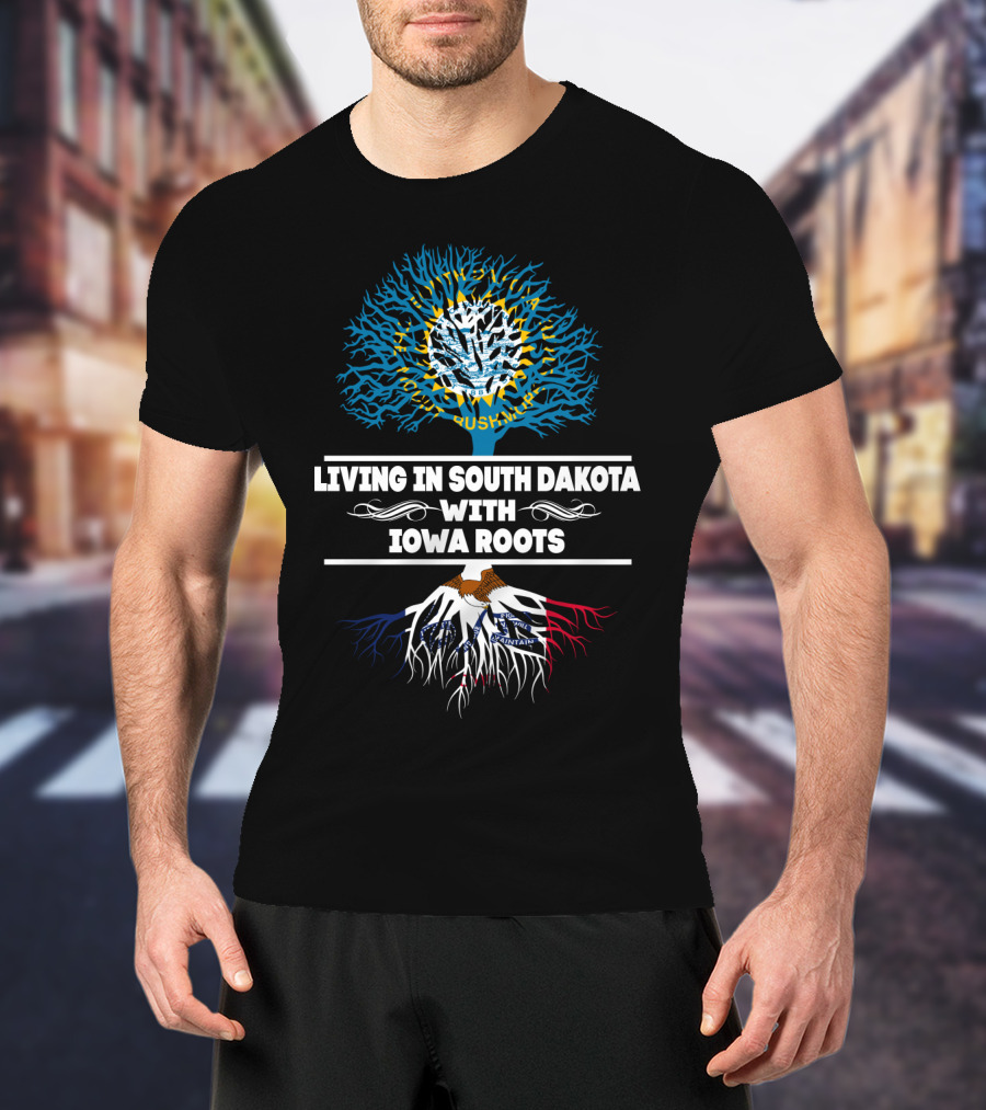 Living In South Dakota With Iowa Roots Tree Design Featuring State Flags And United States Map Elements T-Shirt