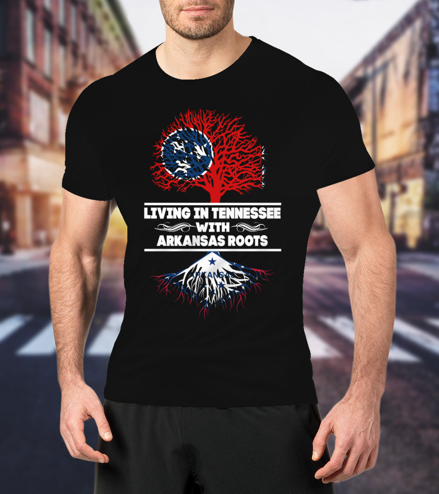 Tennessee Living With Arkansas Roots Red Tree Blue Roots Flag Motif T-Shirt