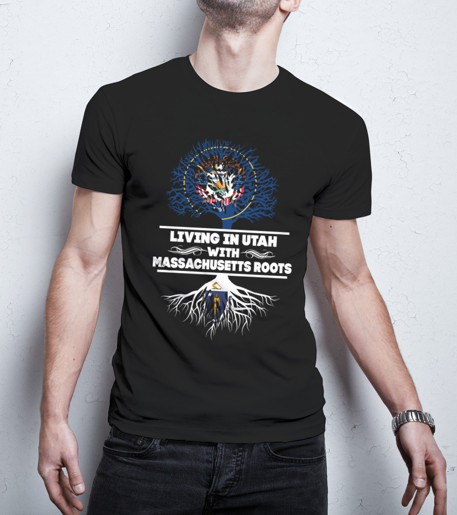 Utah Pride And Massachusetts Heritage: Embracing Dual State Identity With State Symbols And Roots T-Shirt