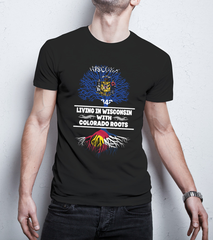 Wisconsin State Tree Shield With Colorado Flag Mountain Roots T-Shirt