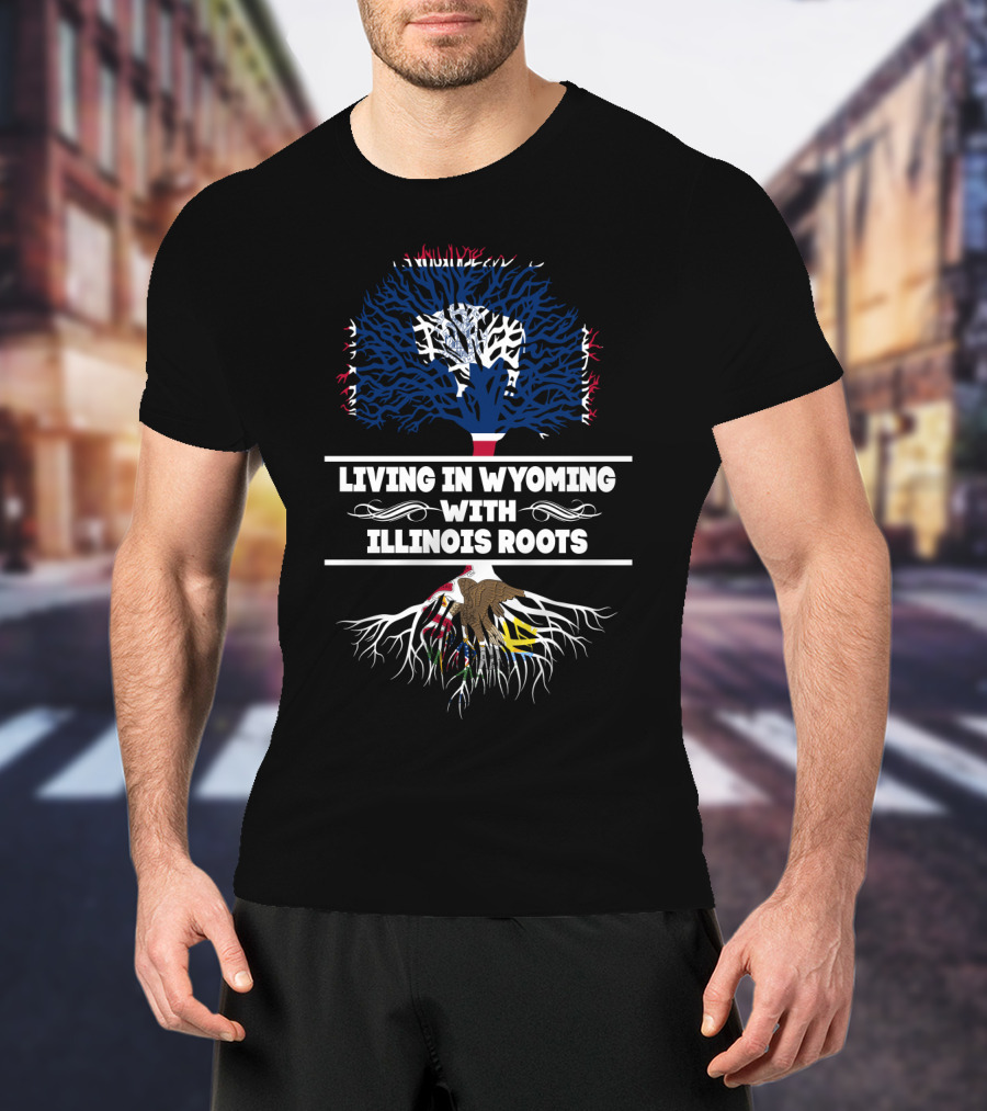 Living In Wyoming With Illinois Roots State Flags Tree T-Shirt