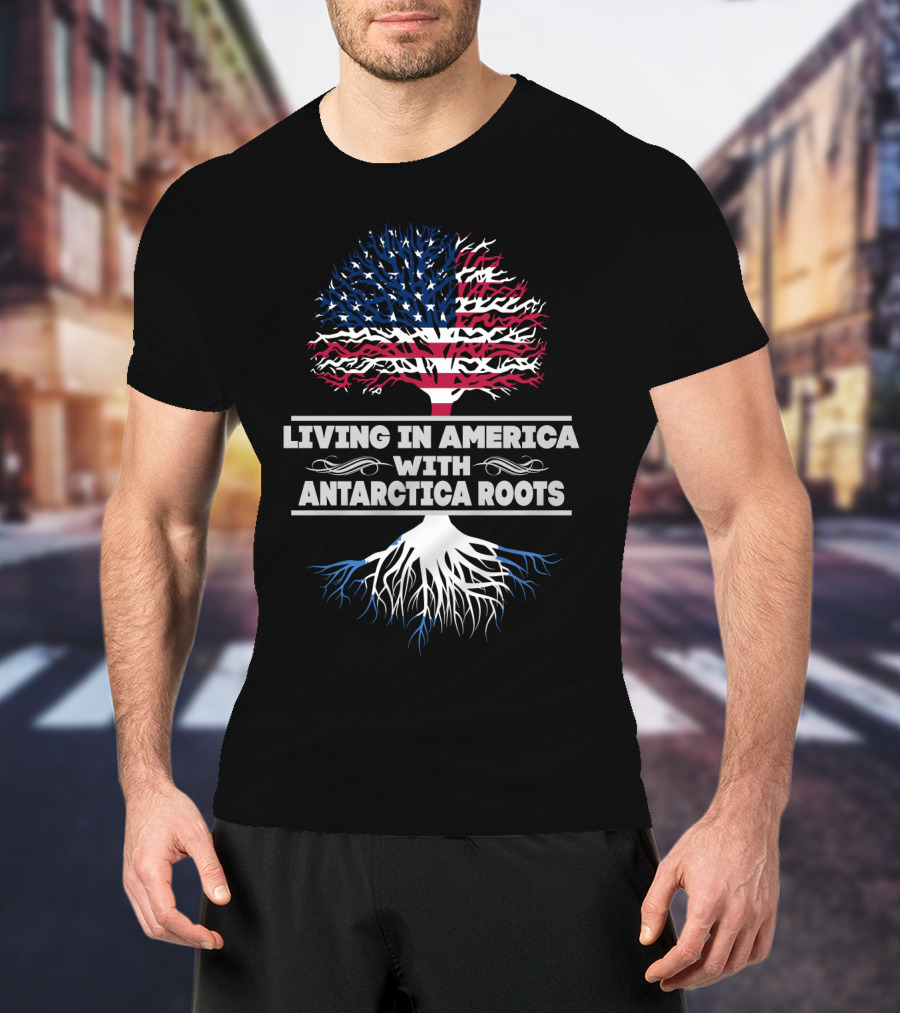 Living IN America With Antarctica Roots USA Flag Tree T-Shirt