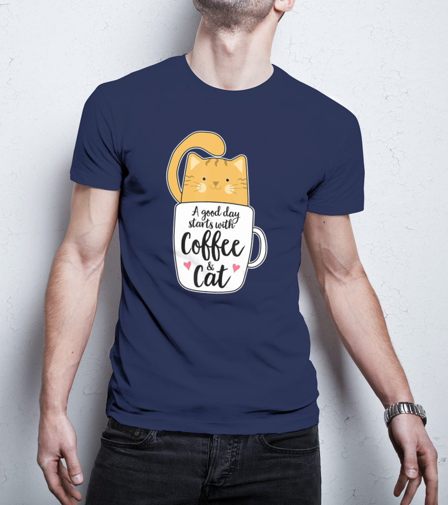 Funny Orange Cat A Good Day Starts With Coffee And Cat T-Shirt