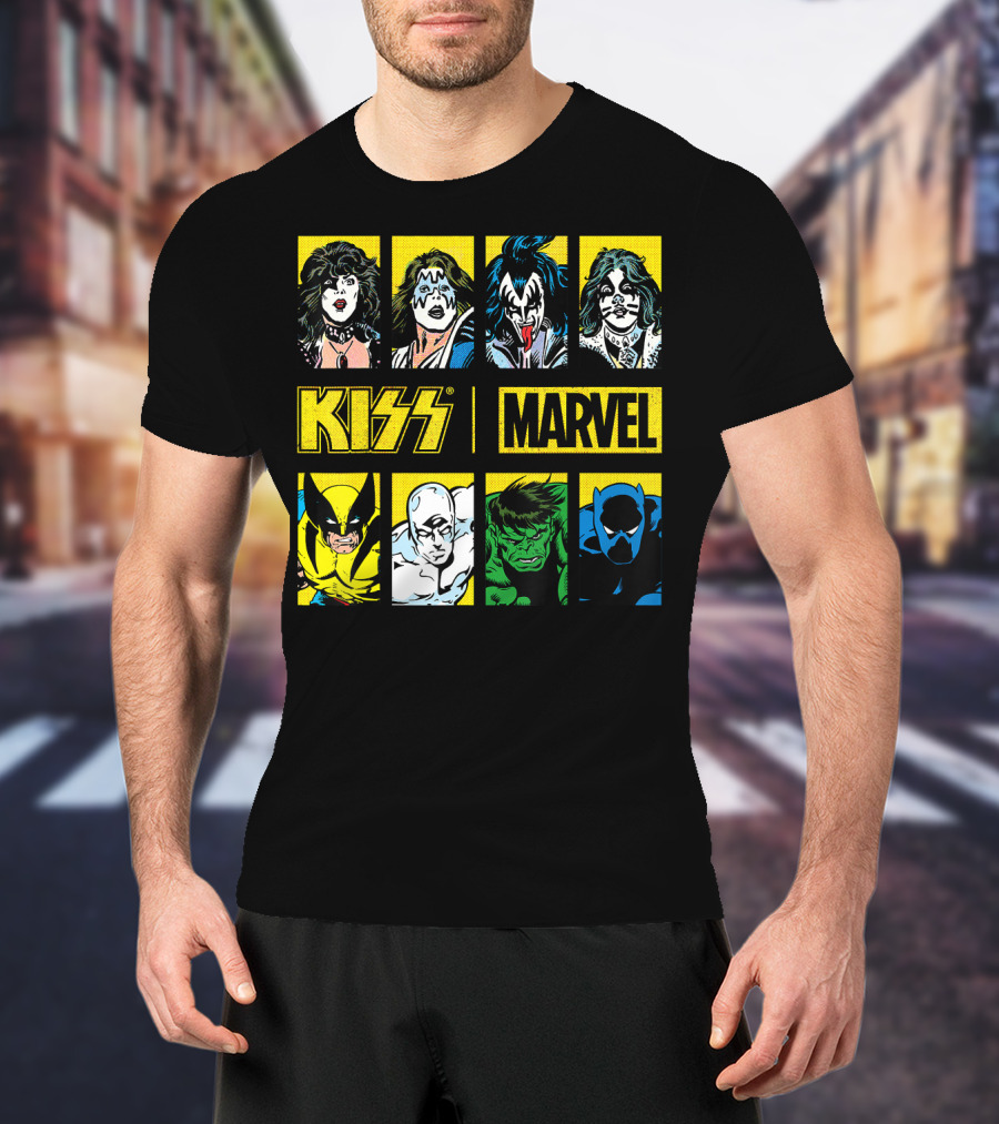 KISS Marvel Wolverine Hulk Black Panther Hero Portrait Boxes T-Shirt