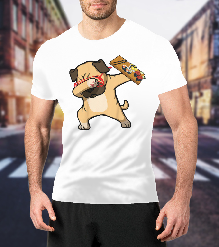 Dabbing Pug With Sushi Plate And Chopstick Glasses T-Shirt