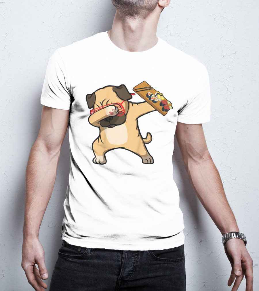 Dabbing Pug With Sushi Plate And Chopstick Glasses T-Shirt