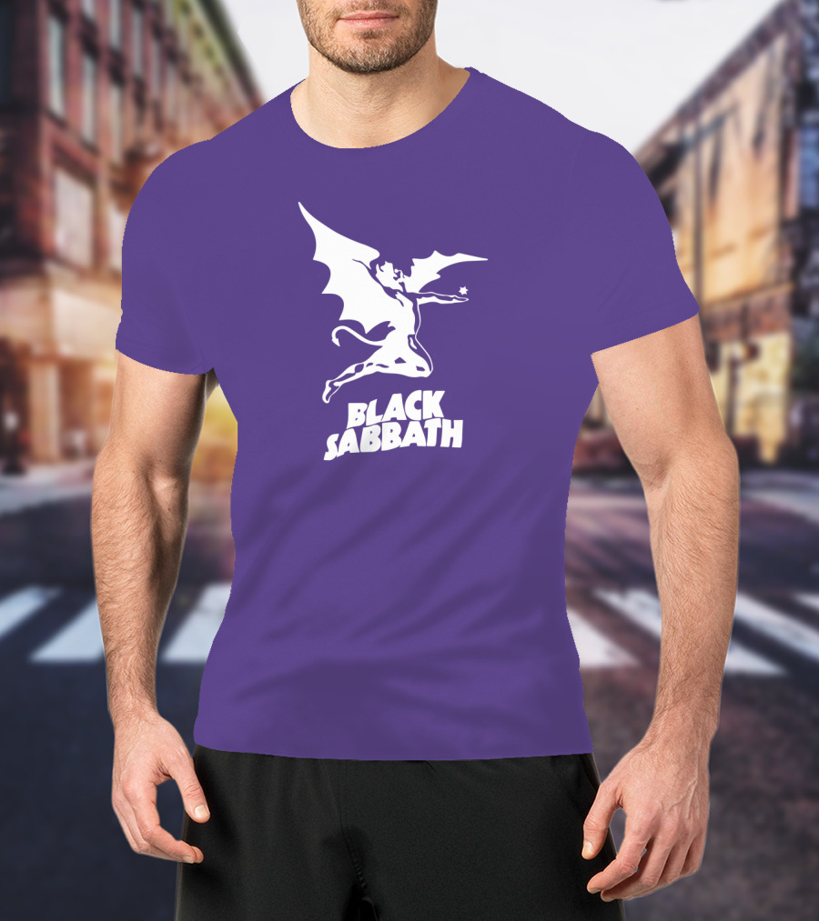 Black Sabbath Flying Devil Logo Purple Background T-Shirt