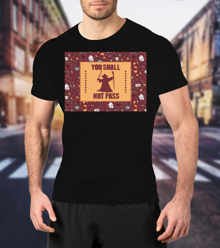 You Shall Not Pass Wizard With Wand And Staff Icon With Mystical Pattern Background T-Shirt