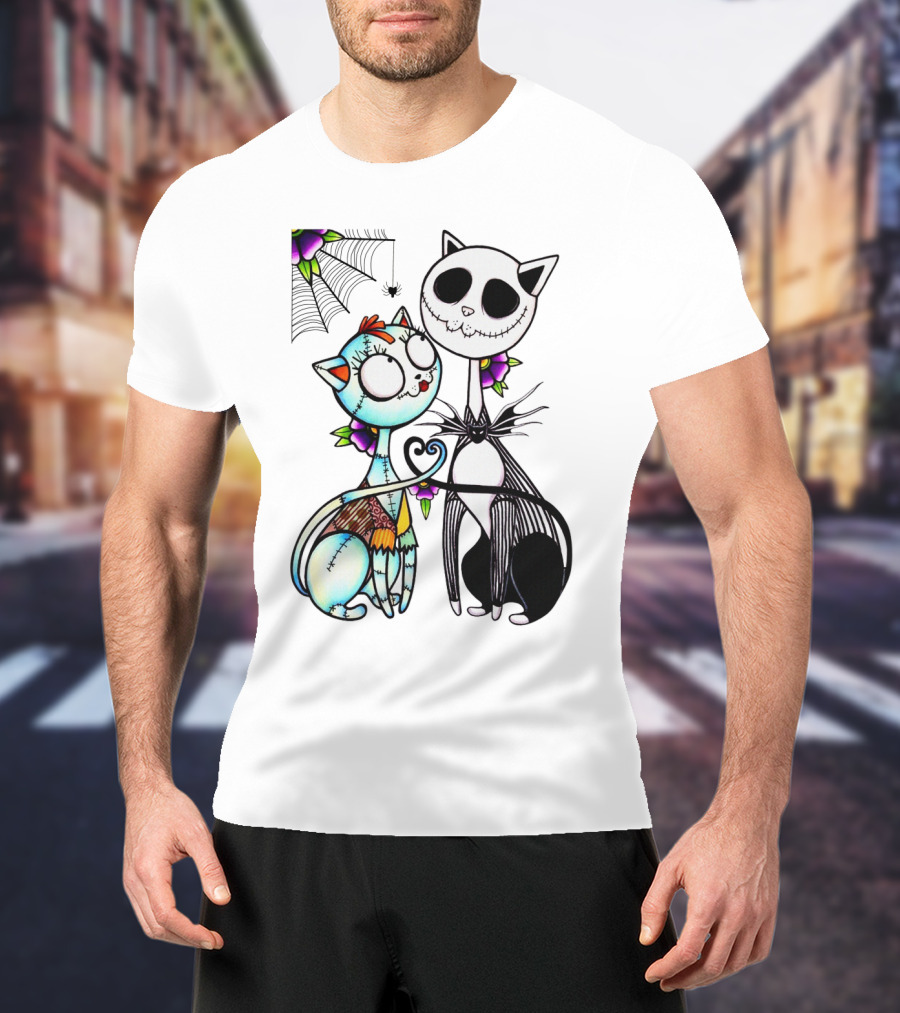 Cat Version Of Jack Skellington And Sally With Spider Web And Flowers T-Shirt