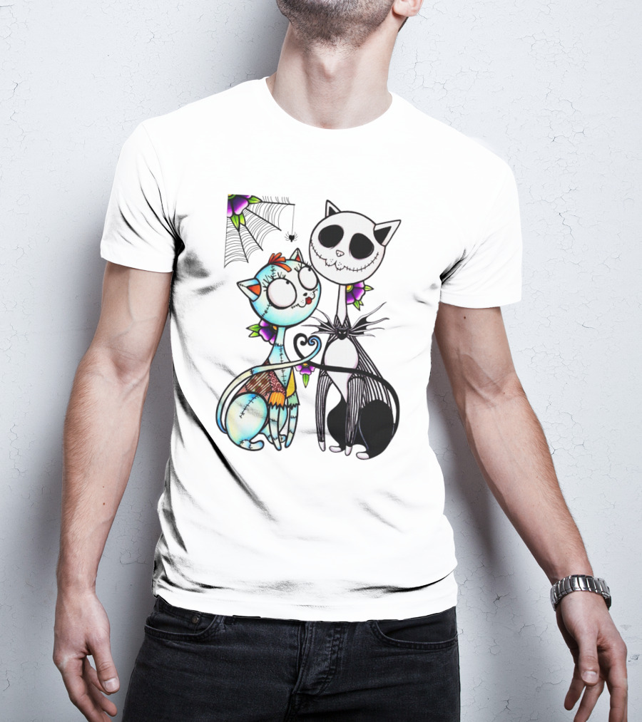 Cat Version Of Jack Skellington And Sally With Spider Web And Flowers T-Shirt