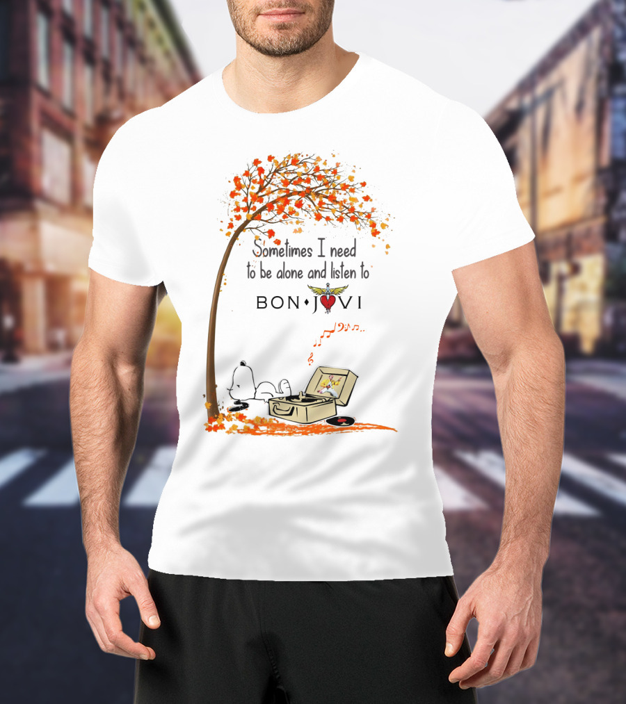 Snoopy Relaxing Under Autumn Tree Listening To Bon Jovi Vinyl Record T-Shirt